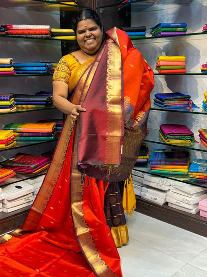 Pure Soft Silk Saree - Rust(Orange) with Brownish Merun Combo - VVPSS015