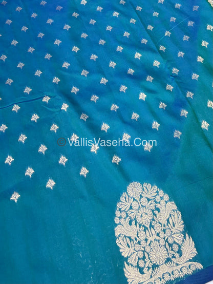 Semi Soft Silk - Tree With Double Birds Butta Border - Peacock Blue Shade -VVSSS011