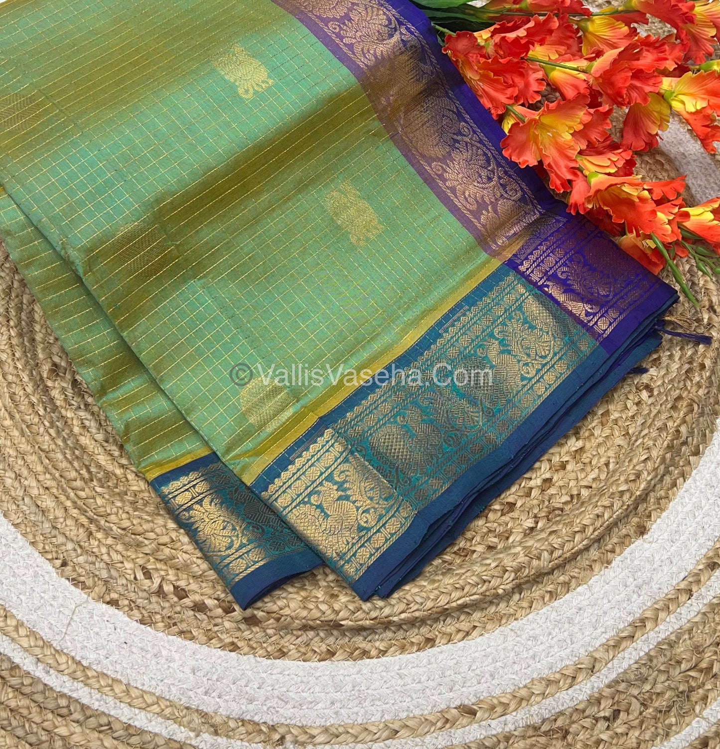 Pure Silk Cotton Saree - Mayil & Chakkaram Design - Green With Blue Shade - VVMC002