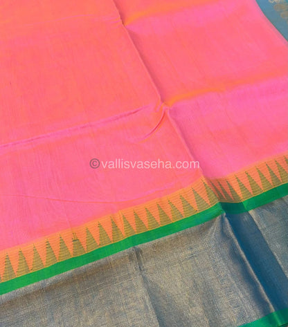 Pure Korvai Silk Cotton Saree - Pink  With Blue Shade Temple border - VVKSC001