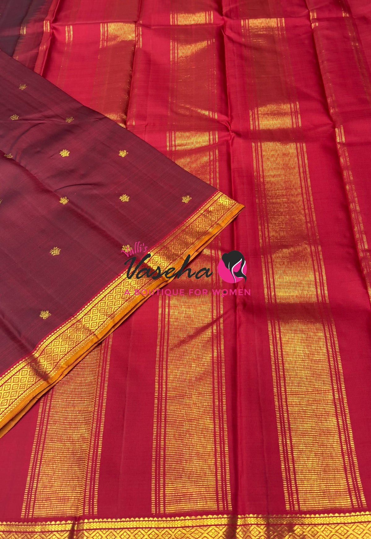 Pure Kanchipuram Silk Saree - Maroon with Red - VVPS031
