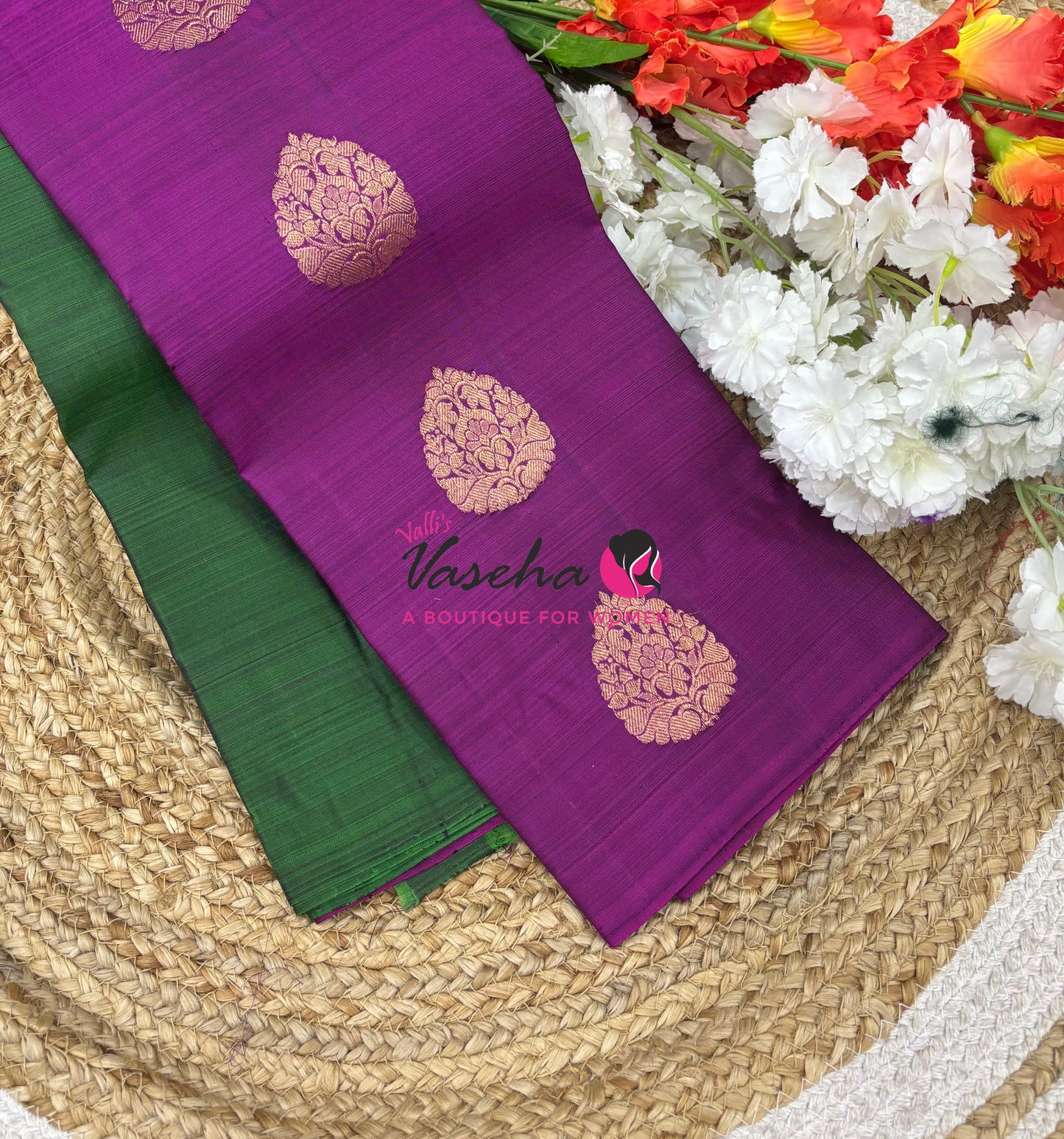 Pure Kanchipuram Silk Saree - Half & Half - Green with Purplish Pink Shade - VVPS064
