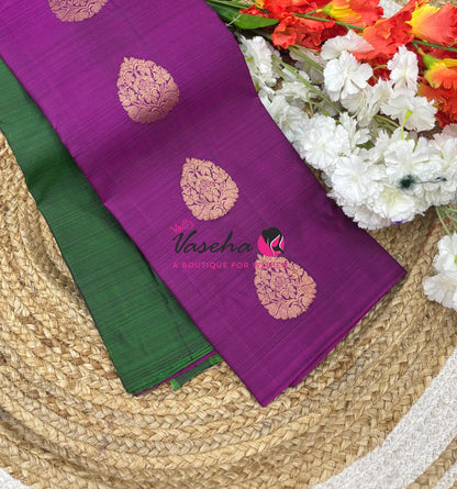 Pure Kanchipuram Silk Saree - Half & Half - Green with Purplish Pink Shade - VVPS064