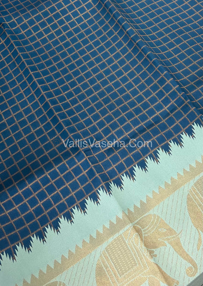 Semi Silk Saree - Kanchi Silk Style - Elephant Border - Blue with Light Blue - VVSSS005