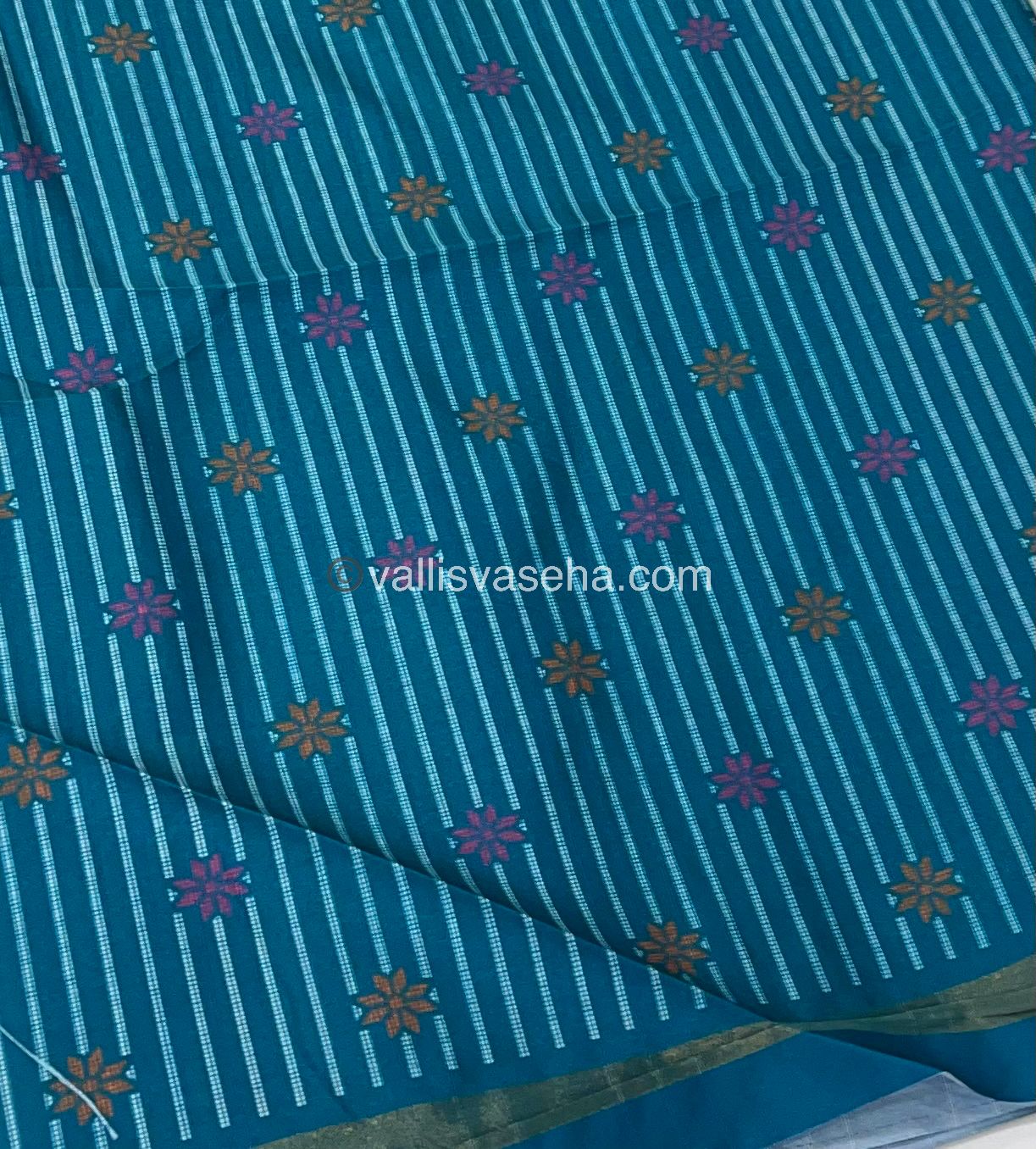 Semi Tussar / Semi Chappa Silk |Peacock Design | - Cream & Ramar Blue Combo - VVSTS018