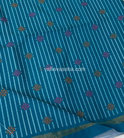 Semi Tussar / Semi Chappa Silk |Peacock Design | - Cream & Ramar Blue Combo - VVSTS018