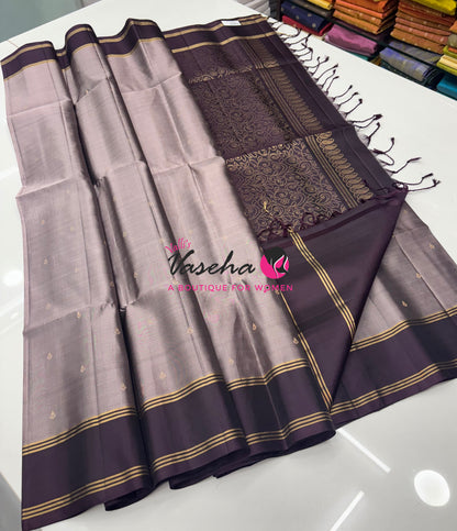 Pure Soft Silk Saree  - Grey & Wine Brown Combo - VVPSS141