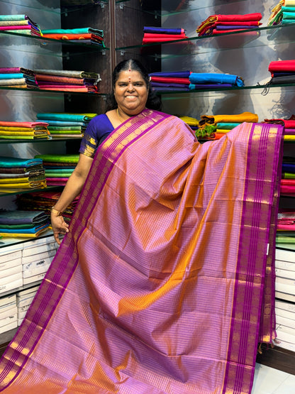 Pure Korvai Silk Cotton - Retta Petta Border - Double tone Onion Pink with Purple Combo - VVKSC010