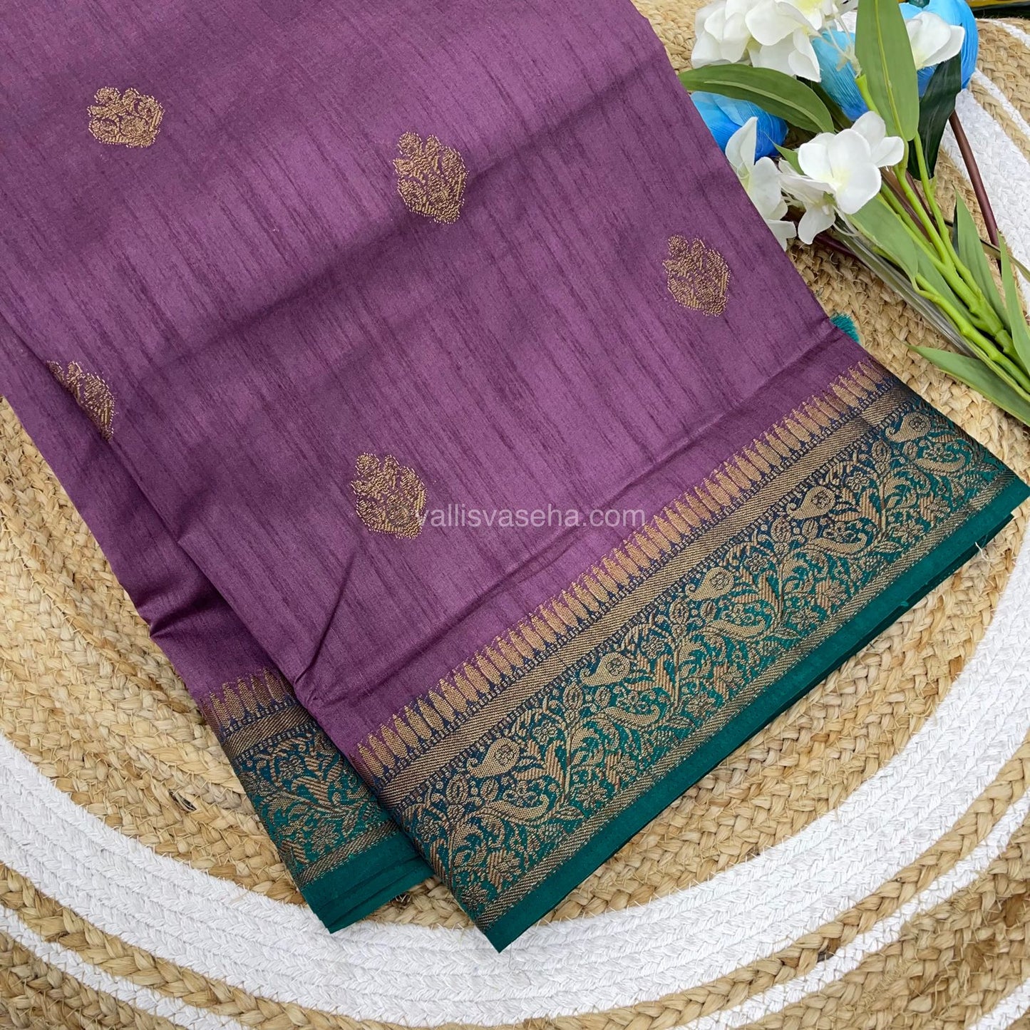 Bamboo Silk Saree - Dusty Wine with Ramar Greenish Blue Shade - VVBSS001