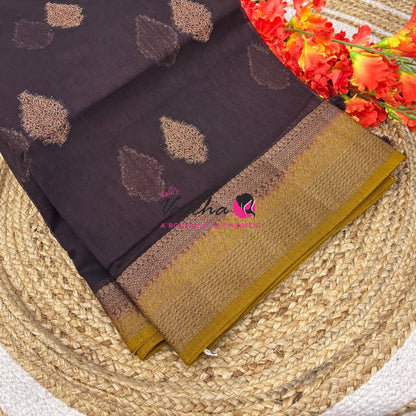 Bamboo Silk Saree - Brown with Yellow - VVBSS018
