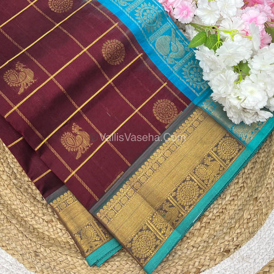 Pure Silk Cotton Saree - Mayil & Chakkaram Design - Maroon With Turquoise Blue Shade - VVMC001