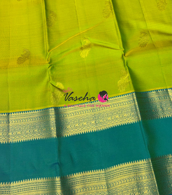 Pure Kanchipuram Silk Saree - Dual Tone Lemon Green & Turquoise Blue Shade  - VVPS022
