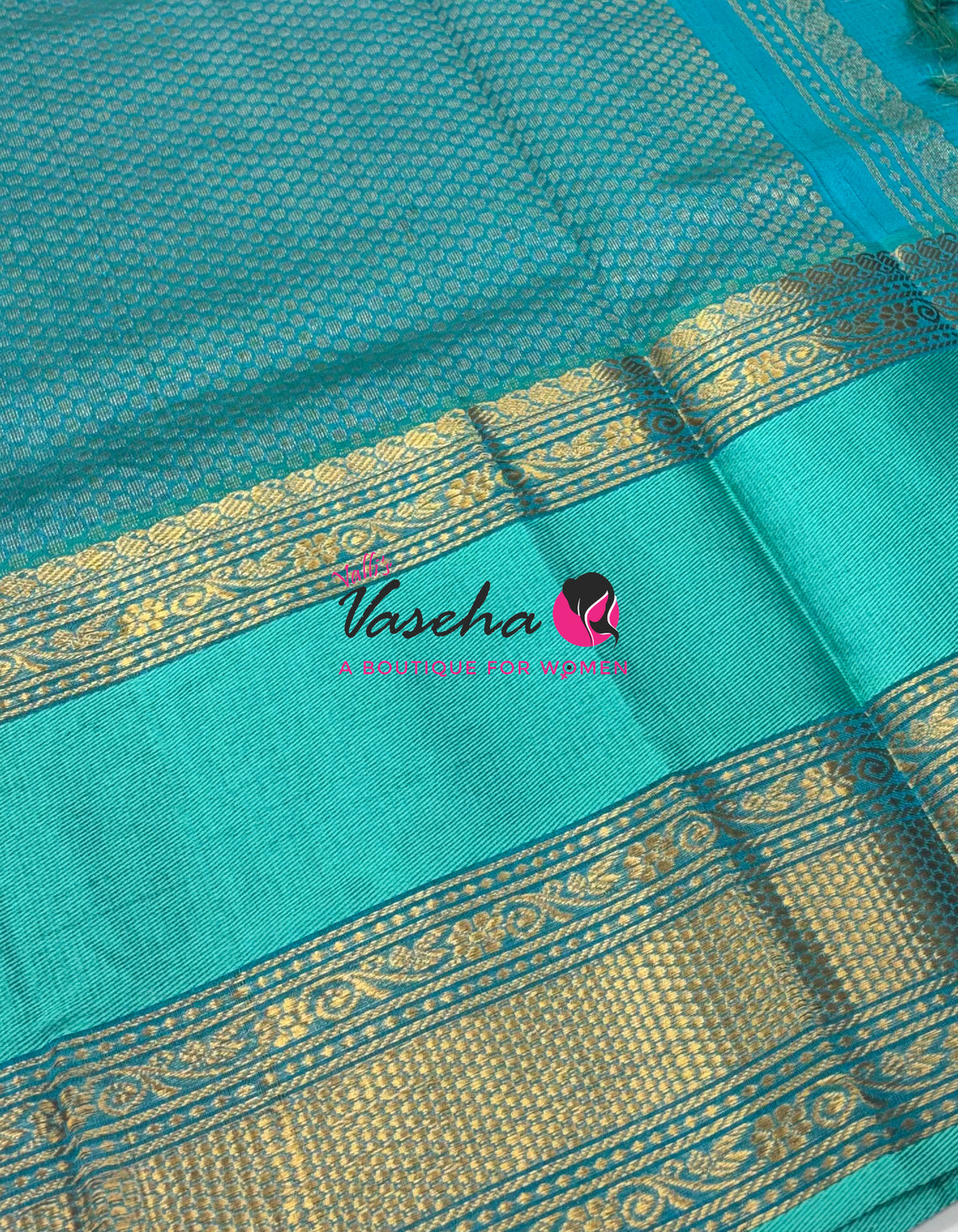Pure Korvai Silk Cotton - Checks Pattern - Green  With Blue Shade  - VVKSC034