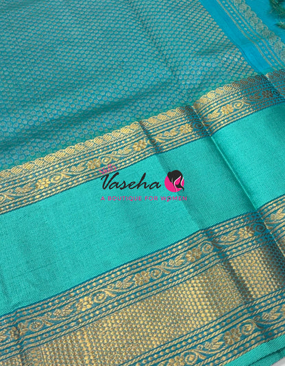 Pure Korvai Silk Cotton - Checks Pattern - Green  With Blue Shade  - VVKSC034
