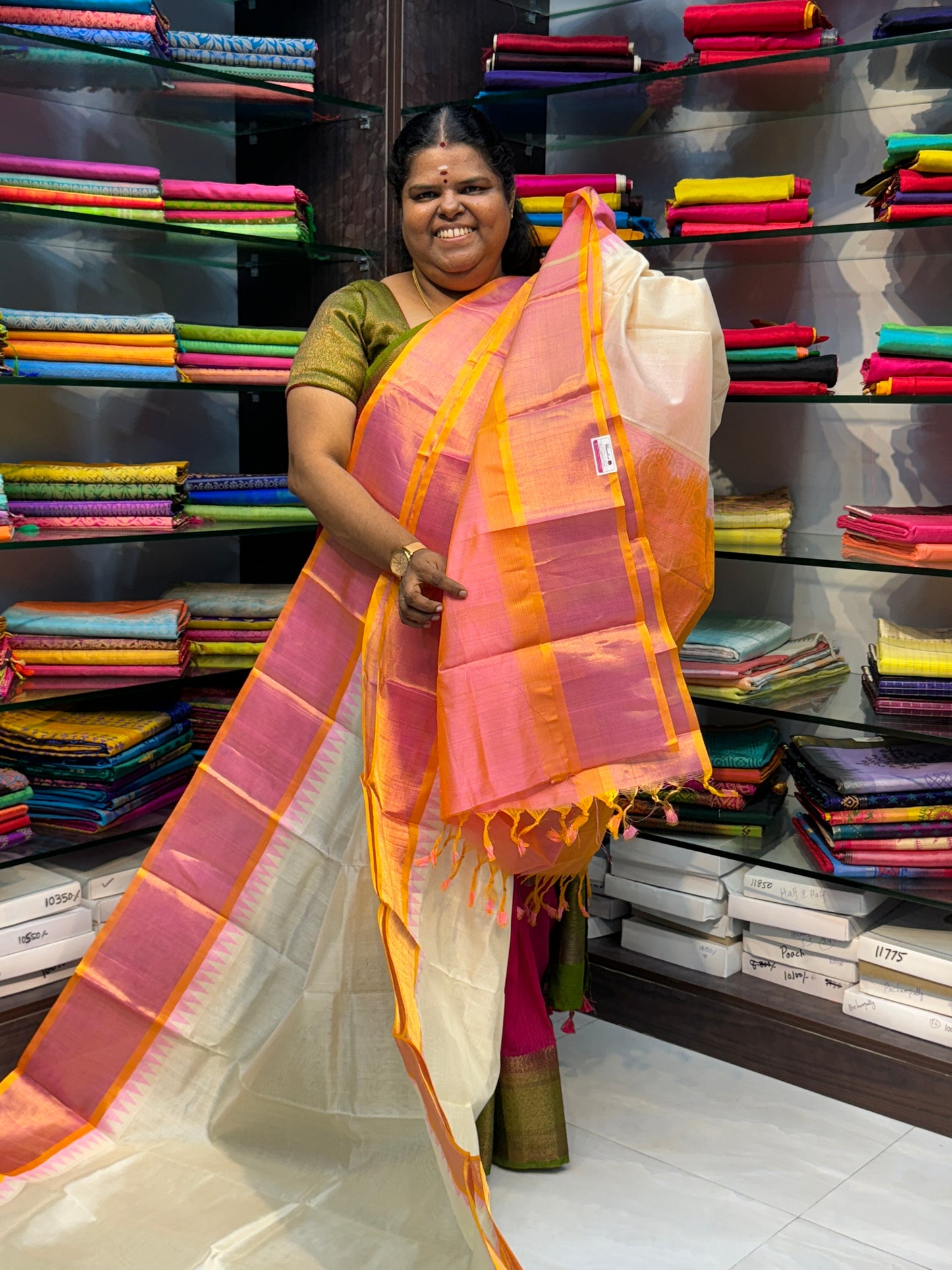 Pre Booking - Pure Korvai Silk Cotton Saree - Half white with Peachish Yellow Combo - Temple border - VVPBSC016