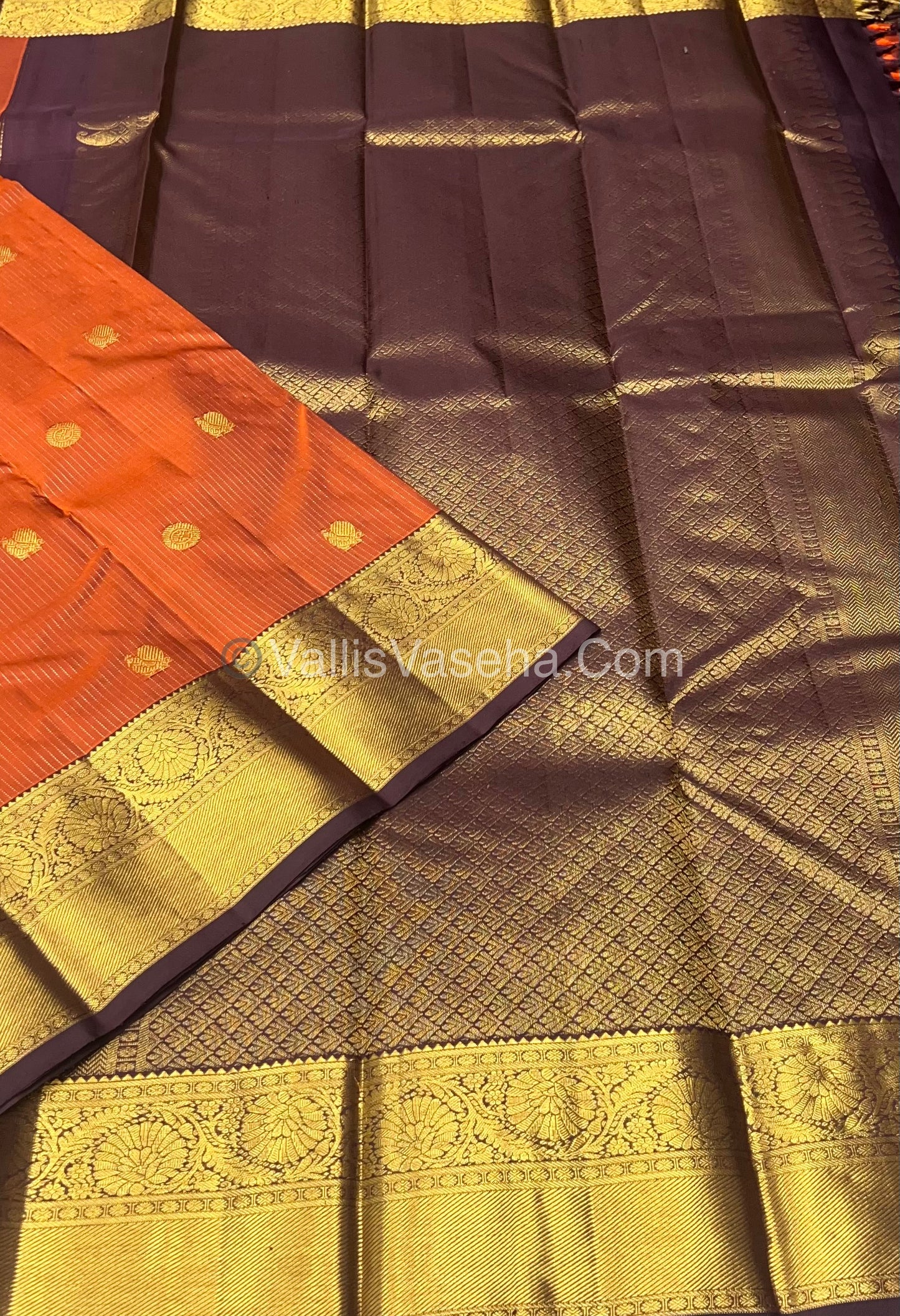 Pure Kanchipuram Silk Saree - Vaira Voosi design - Rust Orange & Brown shade - VVPS014