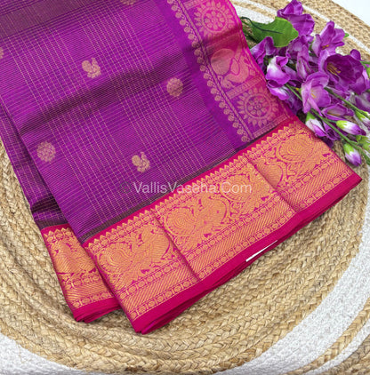 Pure Silk Cotton Saree - Vairavoosi checks - Mayil & Chakkaram - Purple With Pink  - VVMCV001