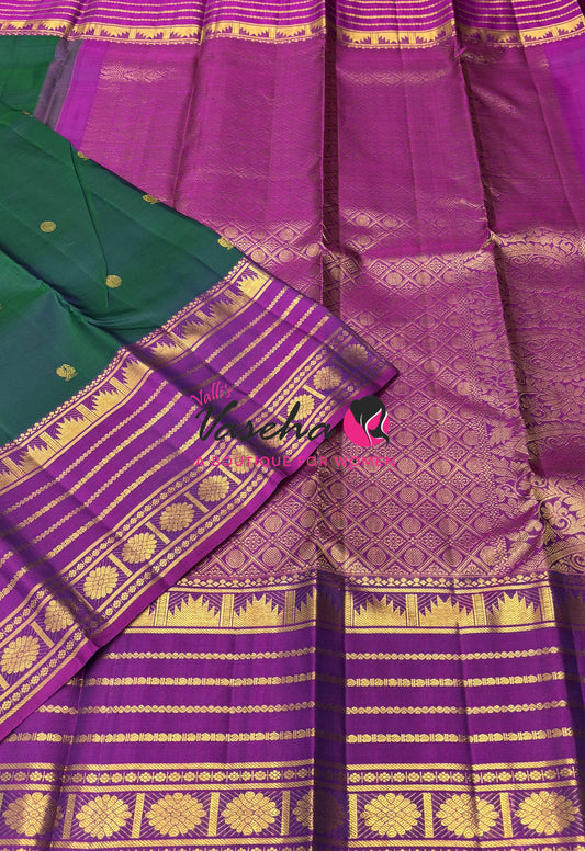 Pure Kanchipuram Silk Saree - Green With Purplish Pink - VVPS098