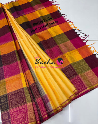 Pure Soft Silk Saree - Partly Pallu -  Half & Half Saree - Yellow  - VVPSS088