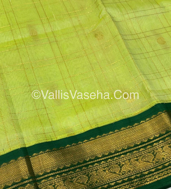 Pure Korvai Silk Cotton - Checks Pattern - Light Green  with Green Shade  - VVKSC035