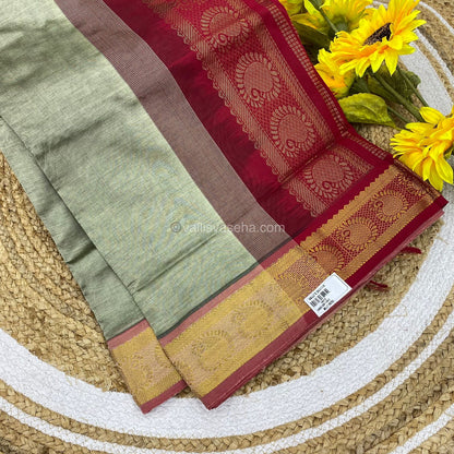 Semi Silk Cotton Saree - Greyish Green & Merunish Red Combo - VVSSC001