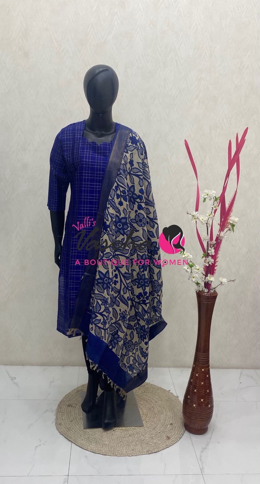 Ready Made - Semi Raw Silk Kurti with Chennur Silk Kalamkari Duppatta - Violetish Blue - 2pc Set - VVSRK002