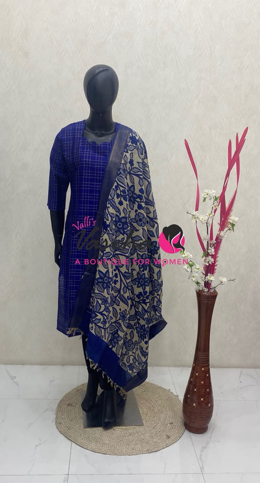 Ready Made - Semi Raw Silk Kurti with Chennur Silk Kalamkari Duppatta - Violetish Blue - 2pc Set - VVSRK002