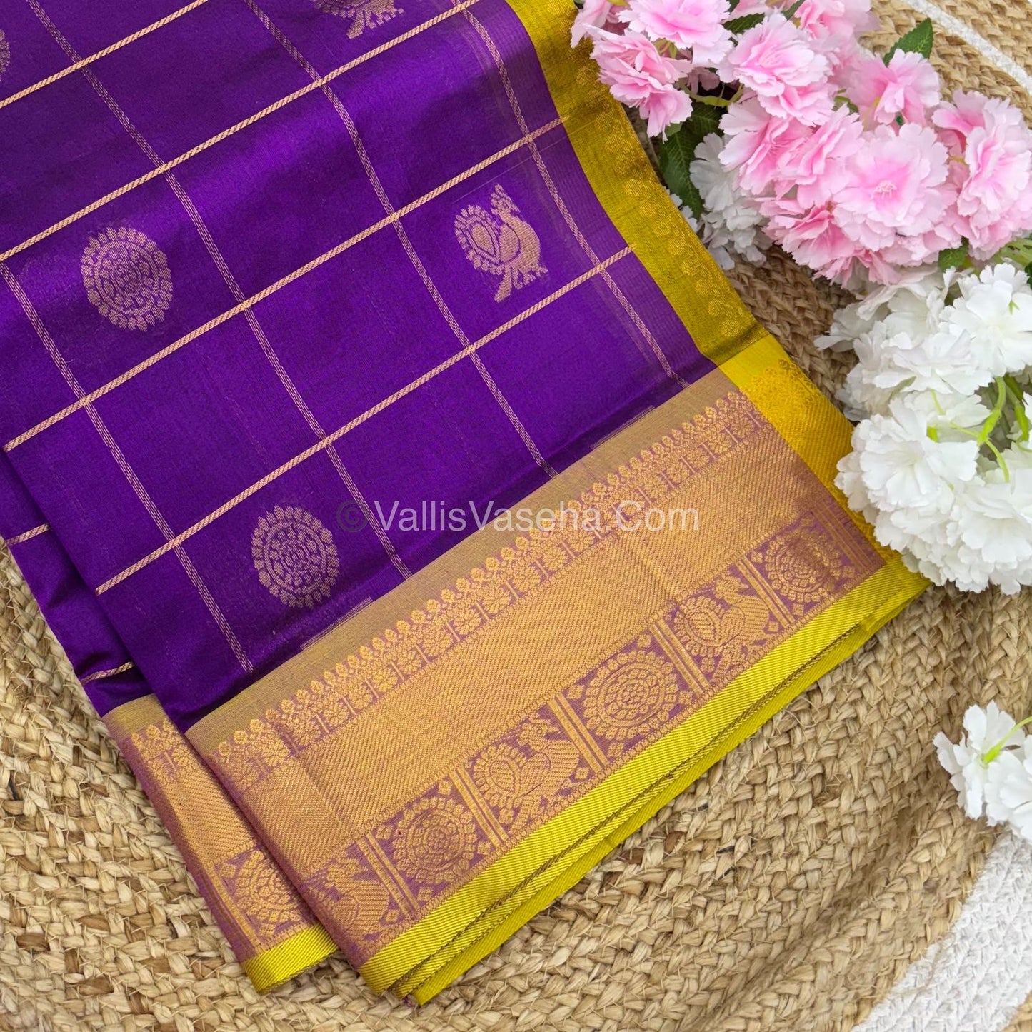 Pure Silk Cotton Saree - Mayil & Chakkaram Design - Purple With Yellow Shade - VVMC001
