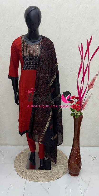 Ready Made - Salwar, Kameez & Duppatta(3pc)- Ajrakh Cotton Set - VVRMS022