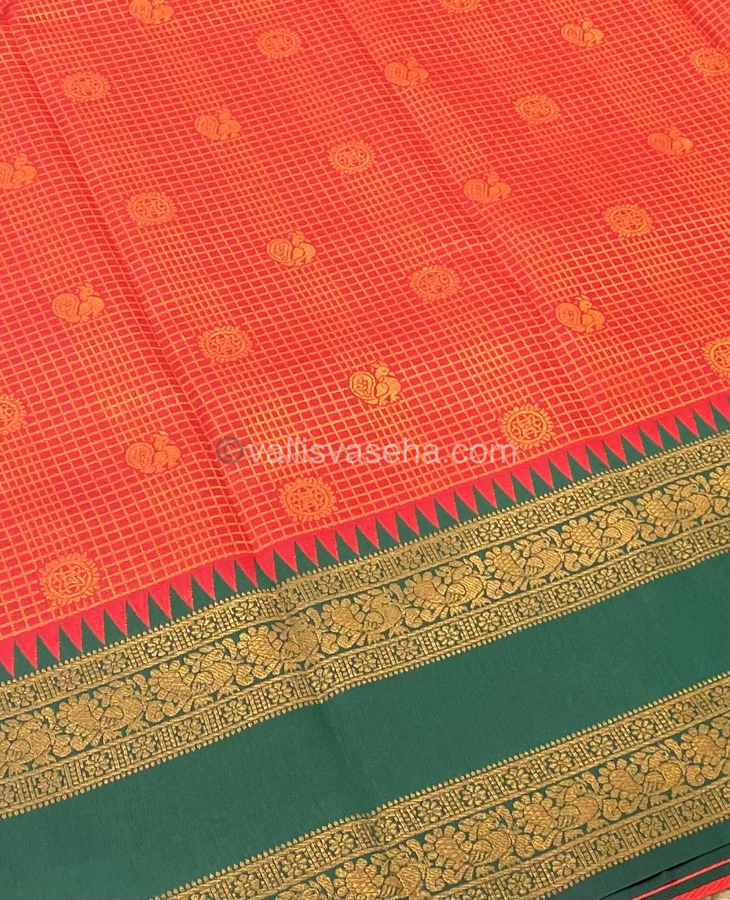 Kanchi Semi Silk - Red with Green - Mayil & Chakkaram design - VVKSS001