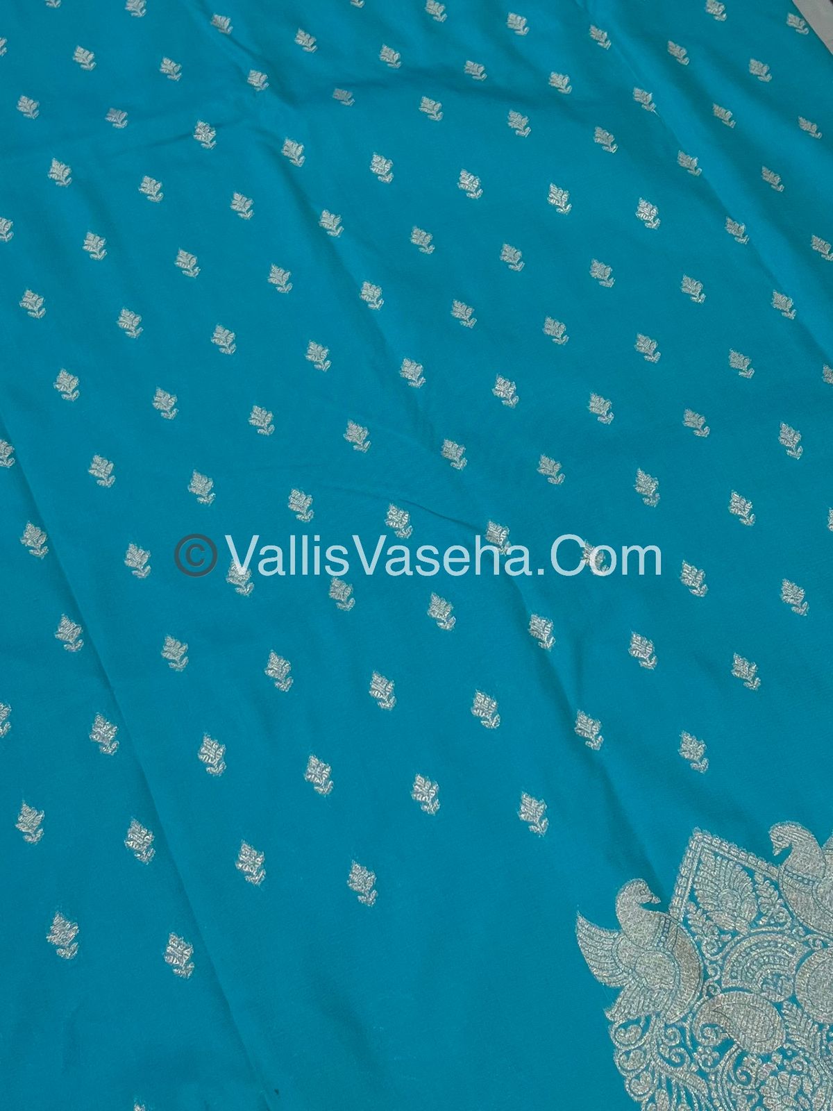 Semi Soft Silk - Peacock & Mango Butta Border - Turquoise blue Shade -VVSSS015