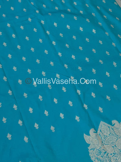Semi Soft Silk - Peacock & Mango Butta Border - Turquoise blue Shade -VVSSS015
