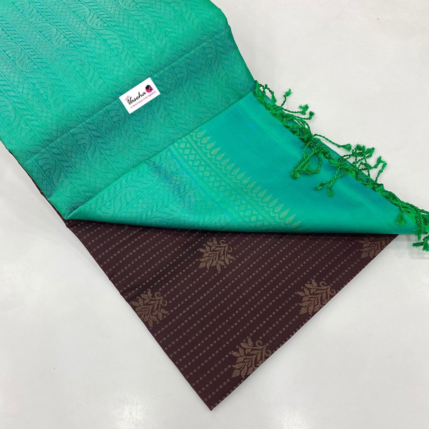 Pure Soft Silk Saree - Vaira Voosi design - Brown with Teal Bluish Green Combo - VVPSS016