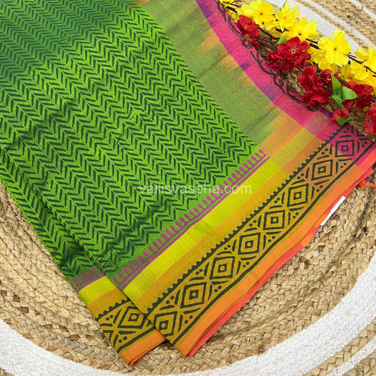 Pure Printed Silk Cotton Sarees - Light Green With Dark Green - VVPSC003