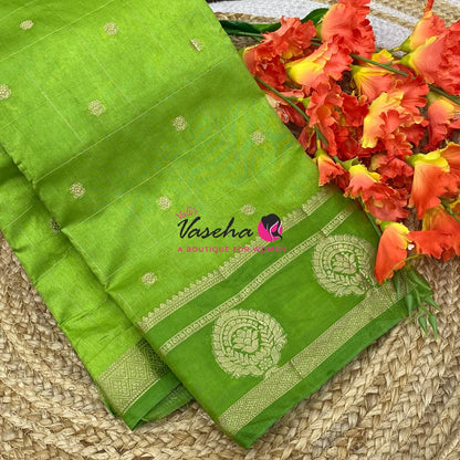 Semi Tussar Silk Saree | Parrot Green Shade |VVSTS060