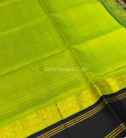 Pure Korvai Silk Cotton - Retta Petta Border - Pista Green with Black Combo - VVKSC010