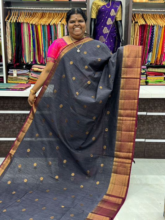 Bamboo Silk Saree  - Grey with Dark Purple Shade - VVBSS001