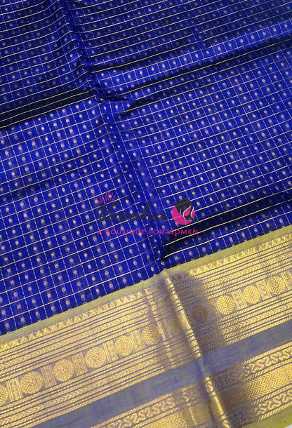 Pure Silk Cotton Saree | Blue With Lemon Yellow Shade |Lakshadeepam Design VVPLD002