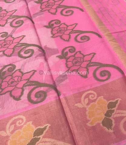 Banarasi Pochampally Weaving Semi Soft Cotton Saree - Pista Green with Pink - VVBPS001