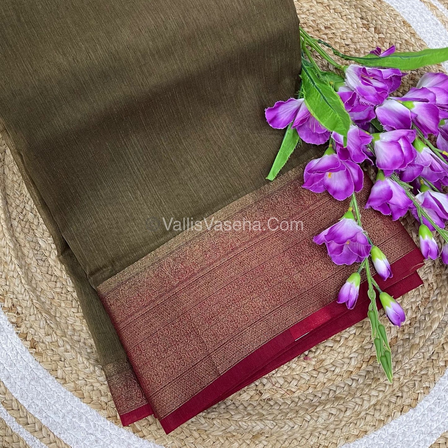 Bamboo Silk Saree -Chiku  With Red Shade - VVBSS008