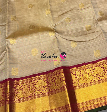 Pure Vintage Korvai Kanchipuram Silk Saree - Chikku & Maroon Combo - VVPS038