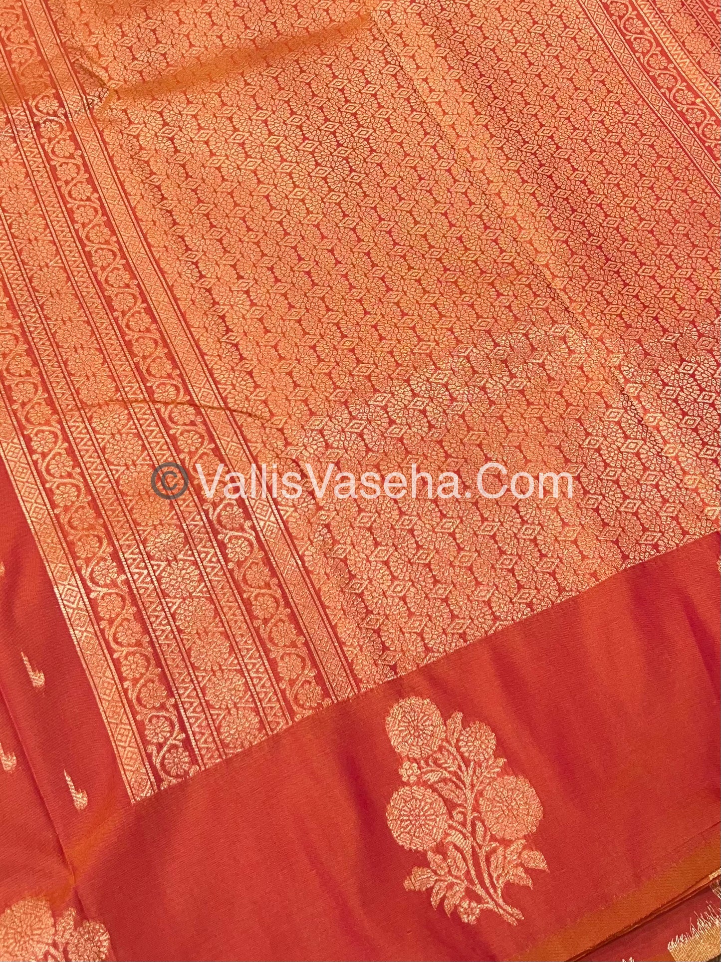 Semi Soft Silk - Flower  Butta Border - Peachish Orange Shade -VVSSS016