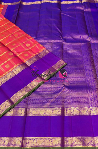 Pure Kanchipuram Silk Saree  - Peachish Pink & Purple shade - VVPS022