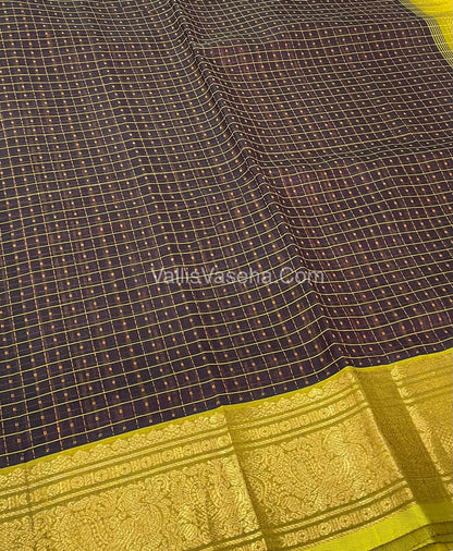 Pure Silk Cotton Saree - Brown with Lemon Yellowish Green - Lakshadeepam Design - VVPLD001