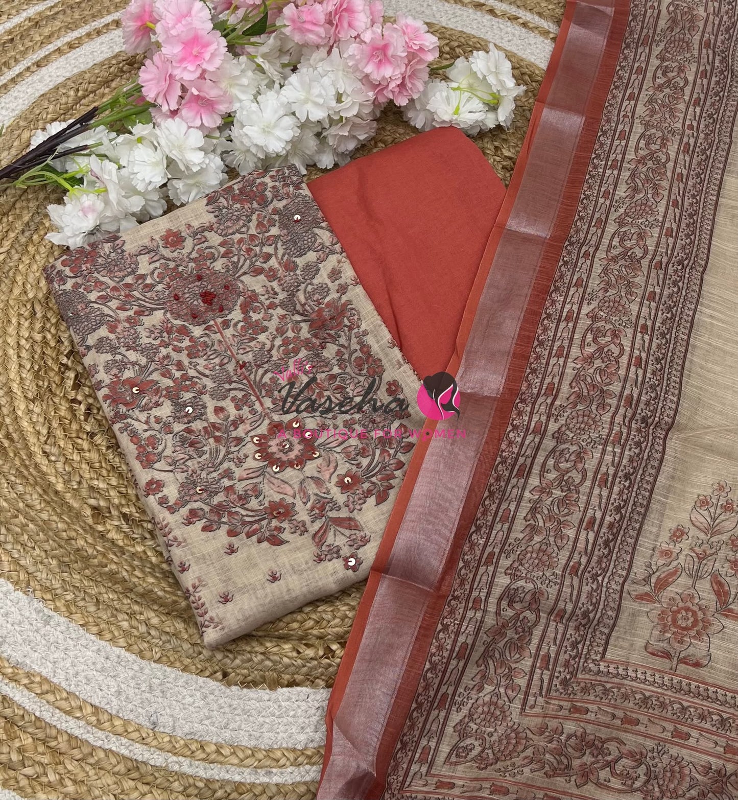 Unstitched Linen Material | Cream With Peach | VVUSM054