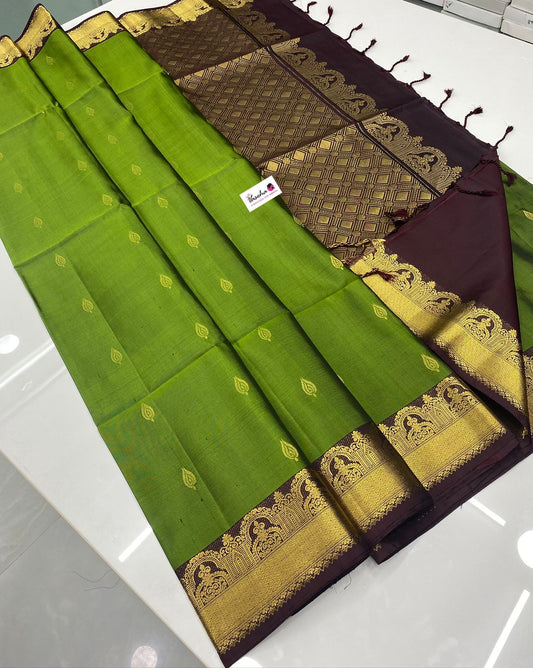 Pure Soft Silk Saree - Green with  Brown Combo - VVPSS015