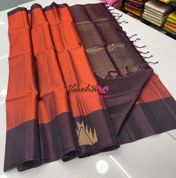 Half Mixed  Soft Silk Saree - Rust Orange & Wine Brown - VVPSS077