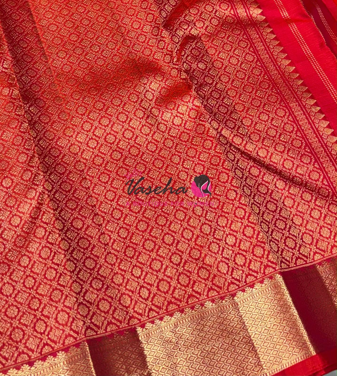 Pure Kanchipuram Silk Saree - Vairavoosi Design  - Orangish Red Combo - VVPS014