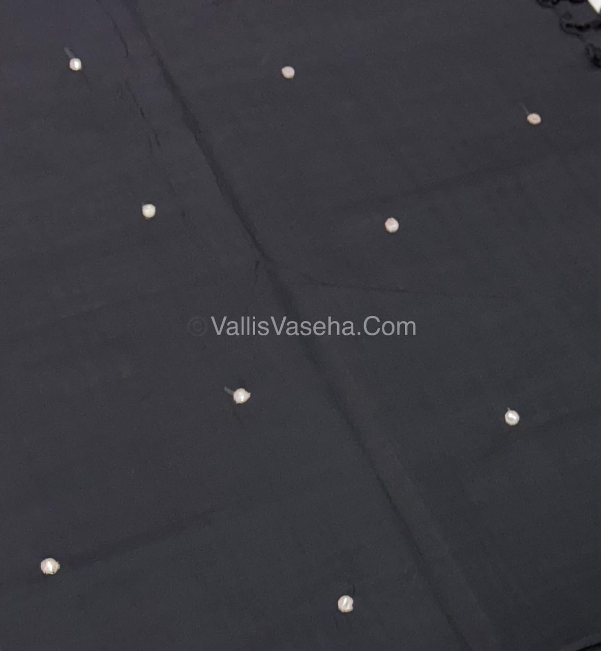 Poly Silk Mixed Cotton - Mirror Work Embroidery - Black with Cream - VVPCM001