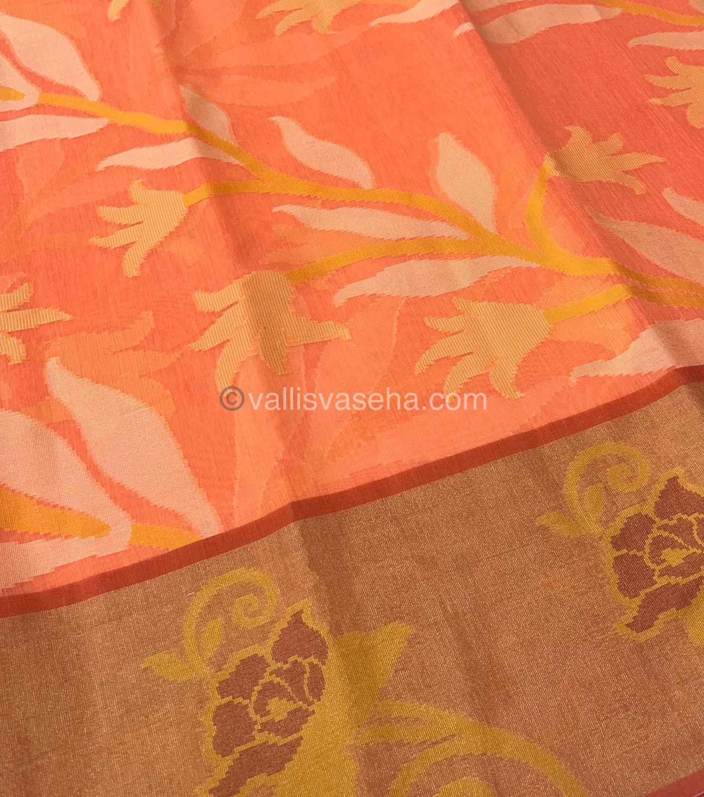 Banarasi Pochampally Weaving Semi Soft Cotton Saree - Peachish Orange with Orange - VVBPS001